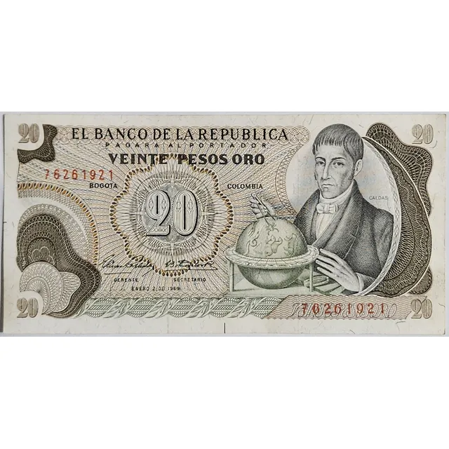 Billete 20 Pesos 02/ene/1969 Colombia Au