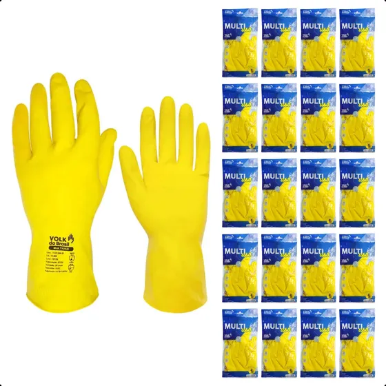 Kit 50 Prs Luva Látex Amarela Para Limpeza Forrada Multiuso
