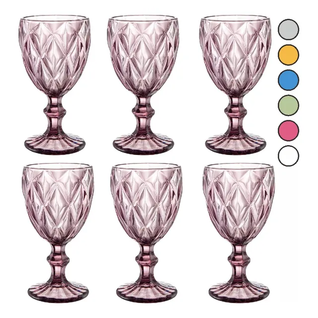 Juego 6 Copas Vino Agua Cristal Labrado Vidrio Color Vintage