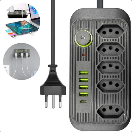 Filtro De Linha Extensão Régua Elétrica 2 Metros 5 Tomadas 4 Usb 1 Usb-c Bekcommerce