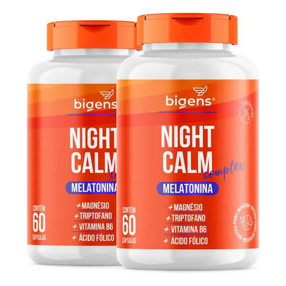 Kit Com 2x Night Calm Complex: Melatonina, Magnésio, L-triptofano, Vitamina B6, Vitamina B9 | 120 Cápsulas | Bigens
