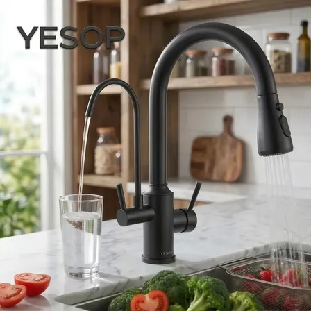 Torneira Gourmet Cozinha Misturador Monocomando Com Saída Para Filtro Ducha Extensível Yesop Preto Fosco