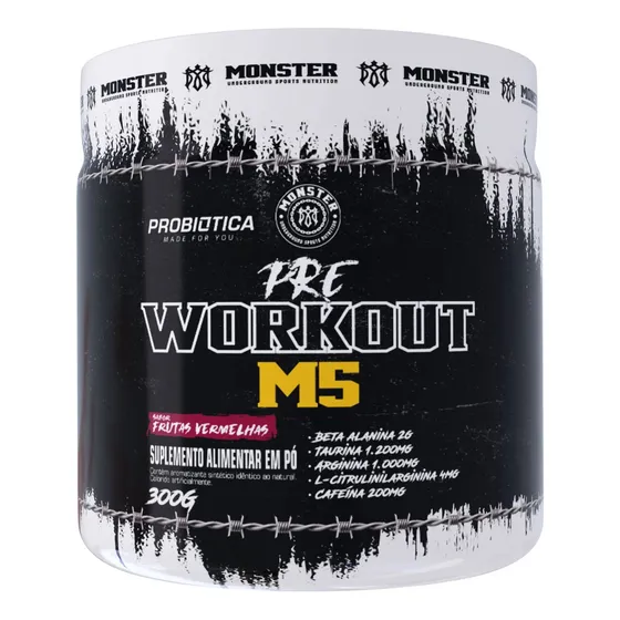 Pre Treino 300g Probiotica Frutas Vermelhas Pré Workout Monster M5
