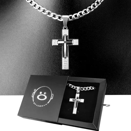 Colar Corrente Crucifixo Prata Grande Masculino Aço Inox Cor Prateado