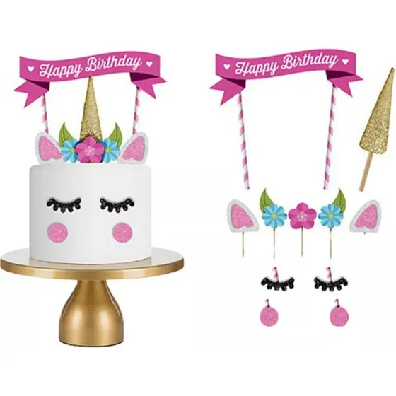 Set Decoración De Torta Topper Unicornio Cotillón Decoración