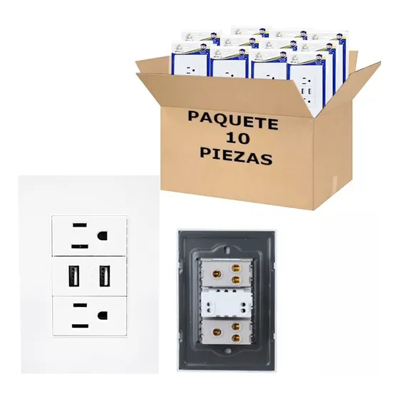 Contacto Doble Toma Corriente Con Puertos Usb Megaluz 10pzs
