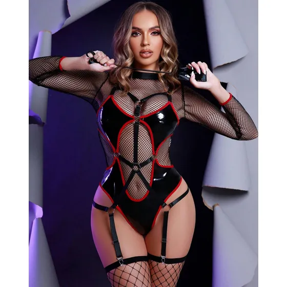 Sexy Body Doble De Malla Y Cuerina Con Medias, Lenceria Dama