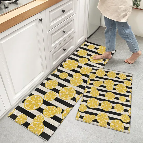 Alfombra Para Suelo Verano Amarillo Limon Retro Raya Negra