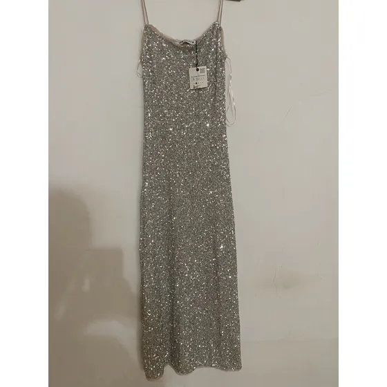 Vestido Zara Plateado Fiesta Lentejuelas Talla S New