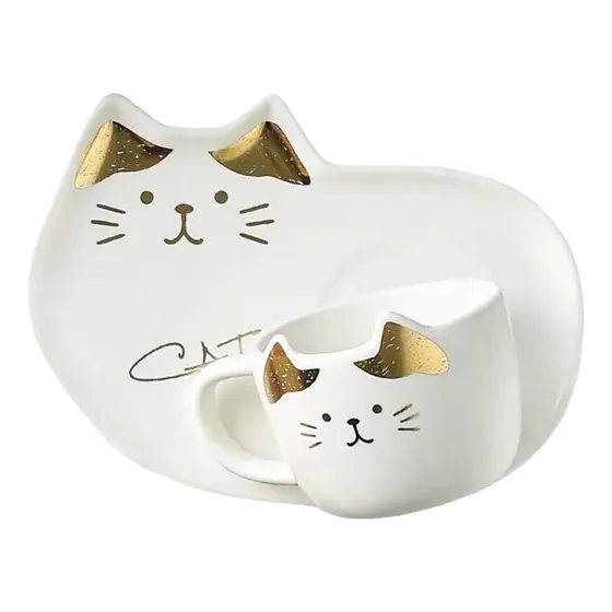 Pocillo Taza De Gato + Plato+cuchara Vajilla De Gato Bandeja