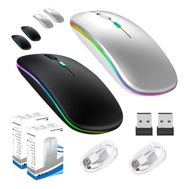 2pzas Mouse Inalámbrico Recargable 2.4g Receptor Y Bluetooth 3 Dpi Para Gamer Con Type-c Cable Negro Y Plateado