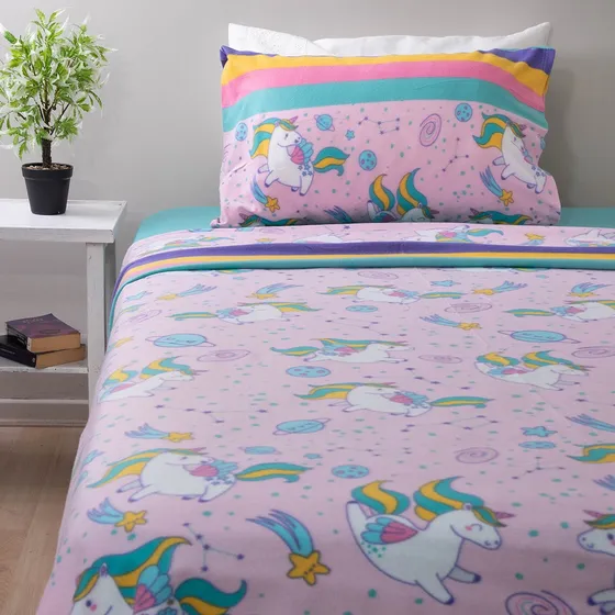 Sábanas Polar Unicornio Infantil 1.5 Plazas Doral Rosa Unicornio