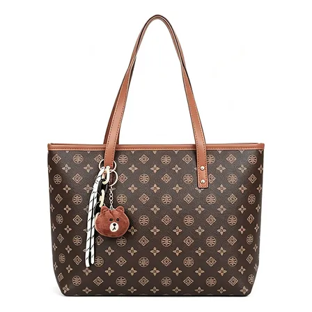 Bolsa Tote Feminina Grande Couro Pu Monograma Urso Luxo Coffee Liso Níquel