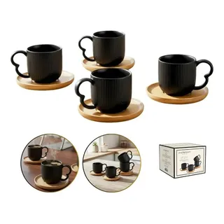 HAÜSKRAFT4 Xicaras De Café Porcelana Com Pires Bambu 90ml Branco Cor