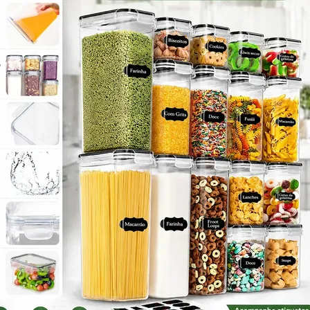 Vie Idéale Kit 16 Potes Herméticos Mantimentos Quadrado Cozinha Tampa Trava