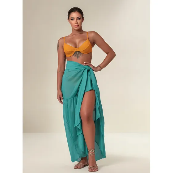 Saia Saida De Praia Longa Com Babados Transparente Verão