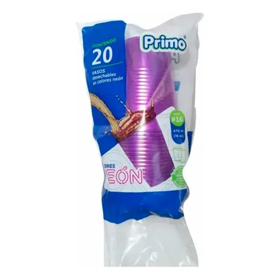 Vaso Neón Desechable Morado Marca Primo #16 470 Ml 20 Pz