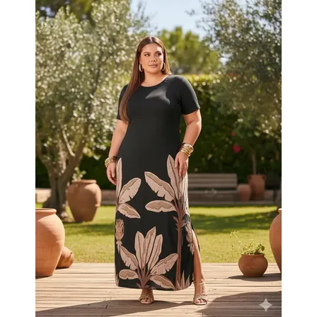 Vestido Feminino Longo Plus Size Com Bolso Fenda Elegante Longo Gola U - Ébano 54 56 58
