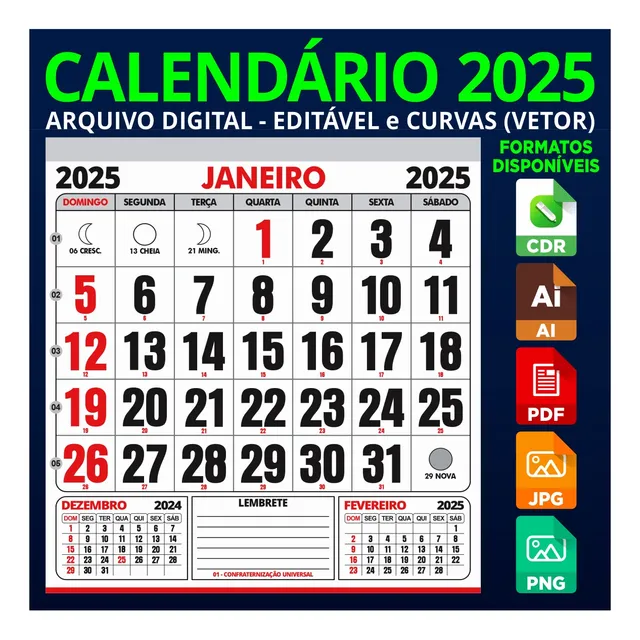 Calendário 2025 - Arquivo Digital - Corel E Ai (vetor)