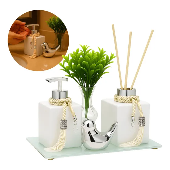 Kit Lavabo Saboneteira E Aromatizador De Ambiente C/ Bandeja