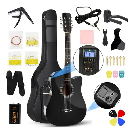 Violão Eletroacústica Acústicas Kit 38 Polegadas Com Afinador E Saída Áudio 6 Cordas P/iniciante Para Destros + Estojo Para Violão Cor Preto