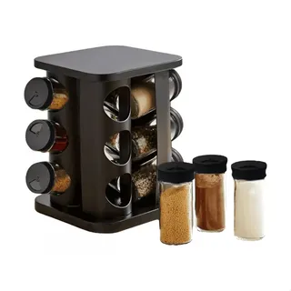 Porta Tempero Preto GiratĂłrio 12 Potes De Vidro C/ Dosagem Porta Tempero Preto GiratĂłrio 12 Potes De Vidro C/ Dosagem