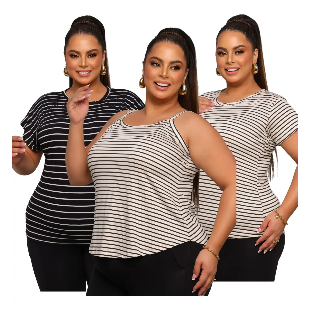 Kit 3 Blusas Tshirt Plus Size Listrada Manga E Alçinha Leve - Tam. G/GG/G1 Kit 3 Blusas Tshirt Plus Size Listrada Manga E Alçinha Leve - Tam. G/GG/G1