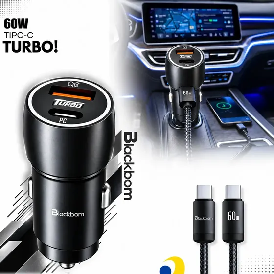 Kit Carregador Veicular Turbo + Cabo Usb-c Pd Usb 60w C7 Tipo C Compatível Todos Celulares Carrega 2 Celulares Juntos Super Rápido Blackbom