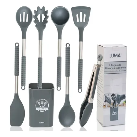 Kit 8 Utensilios De Cozinha De Silicone Cabo De Inox Grande Cinza