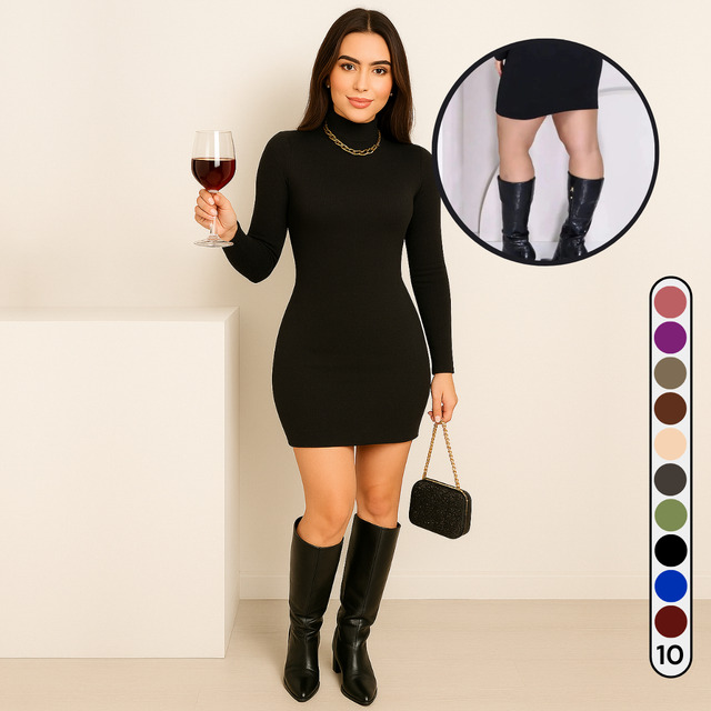 Vestido Midi Feminino Canelado Elegante Colado Gola Alta Amy Vestido Midi Feminino Canelado Elegante Colado Gola Alta Amy
