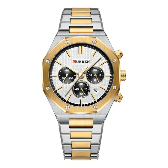 Reloj Curren 8440 Hombre Acero Inoxidable Cronógrafo Correa Plateado Bisel Dorado Fondo Blanco