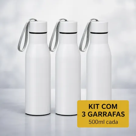 Kit 3 Garrafas Térmicas Inox 500ml Sublimação Prata Com Alça