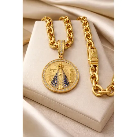 Corrente Cadeado 8mm 70cm Nossa Senhora 100% Moeda Antiga Dourado