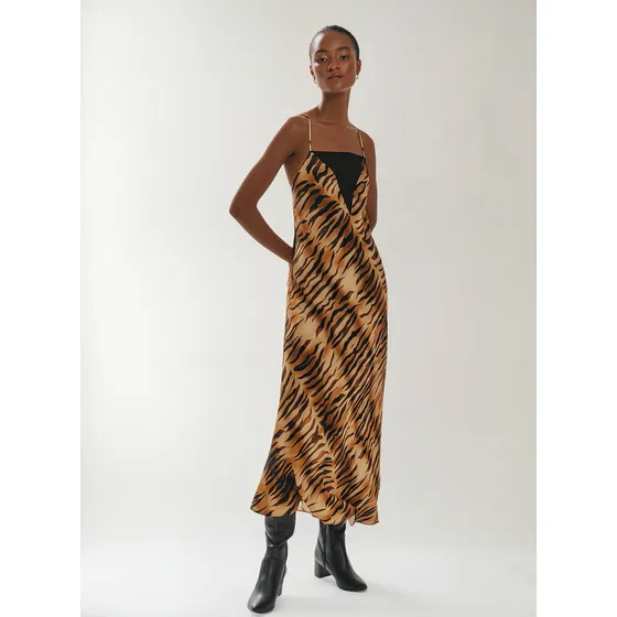 Vestido Iódice Midi Decote Reto Com Amarração Marrom