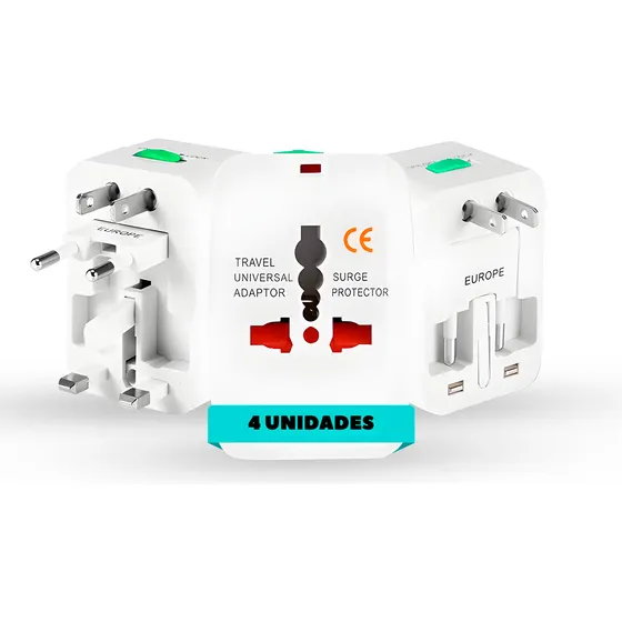 Kit 4 Adaptador Tomada Universal Para Viagens Internacional Funciona Em +150 Países Argentina Chile Peru Gudeltec