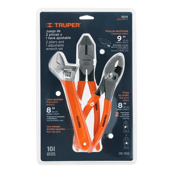 Juego De 2 Pinzas Y 1 Llave Ajustable Mango Pvc 18216 Truper