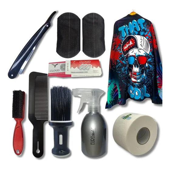 Combo Inicial Barberia Capa + Accesorios + Navaja + Papel