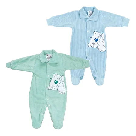 Kit 2 Peças Macacão Bebê Menino Plush Bordado Algodão Básico