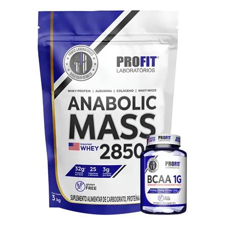 Kit Anabolic Mass C/ Whey 28500 + Bcaa 1g Profit Aminoácidos Milho Verde 3kg | Bcaa 60 Tabletes