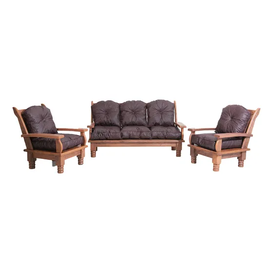 Juego De Living De Algarrobo 3c + 10 Almohadones + Mesa Ratona