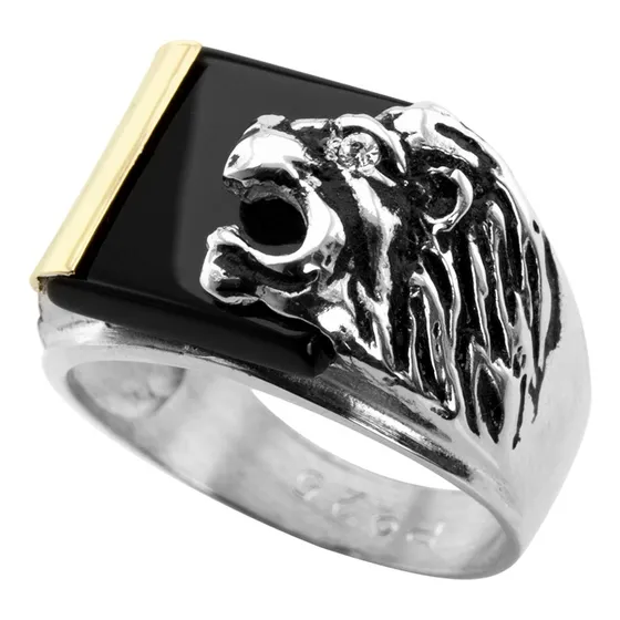 Anillo Piedra Onix Leon Plata 925 Y Oro 18k Ideal Papa Novio