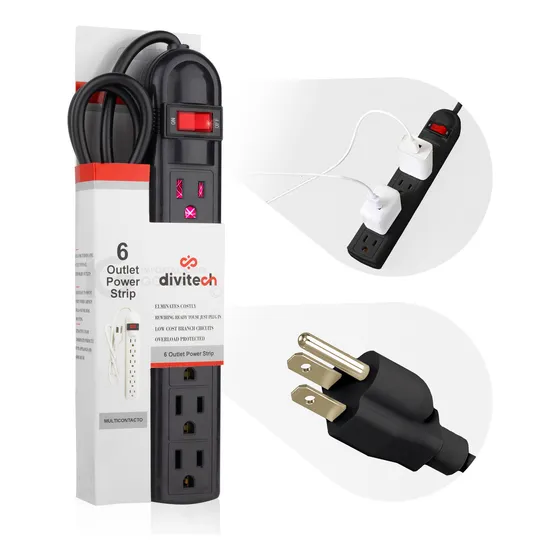 Multicontacto Divitech® 6 Entradas Cable De Cobre Calibre 16 Awg. 1800 Watts Color Negro ELACMU-0002 127V