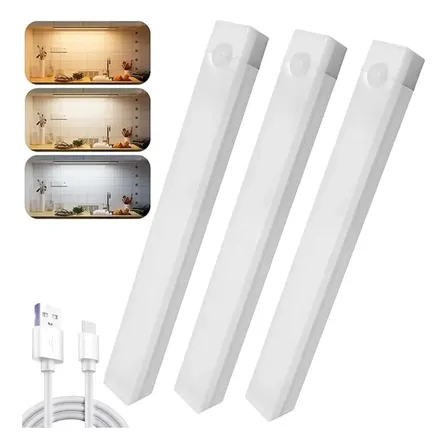 Kit 3 Luminárias Led Sensor Presença Recarregável 50cm 5v Branco Frio 5v