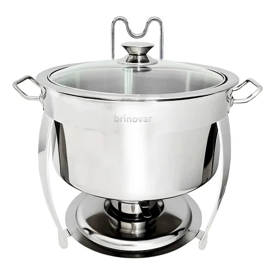 Rechaud Redondo 8 Litros Aço Inox Banho Maria Buffet Tampa Vidro Temperado Acendedor Fogareiro Álcool Gel Brinovar