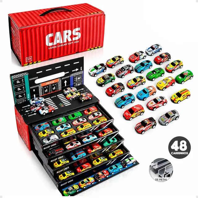 Kit de 48 mini carrinhos com caixa e pista