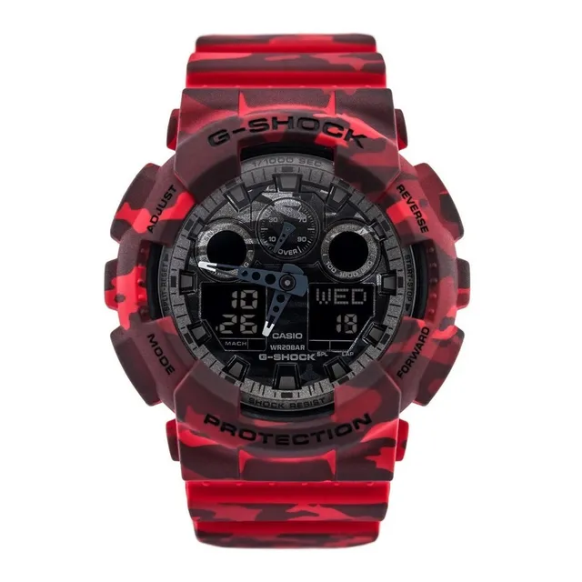 Reloj pulsera Casio GA100GBX-1A9 con correa de resina color camuflado rojo - fondo camuflado gris