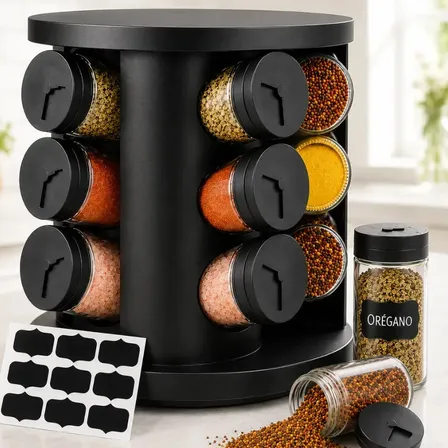 Porta Temperos Condimentos 9 Unidades Potes Vidro Base Giratória Preto Organizador Cozinha Dosador Sólar