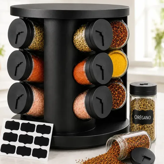 Porta Temperos Condimentos 9 Unidades Potes Vidro Base Giratória Preto Organizador Cozinha Dosador Sólar
