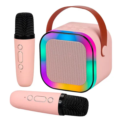 Caixa De Som Karaokê 2 Microfones Infantil Sem Fio Portátil Cor Rosa
