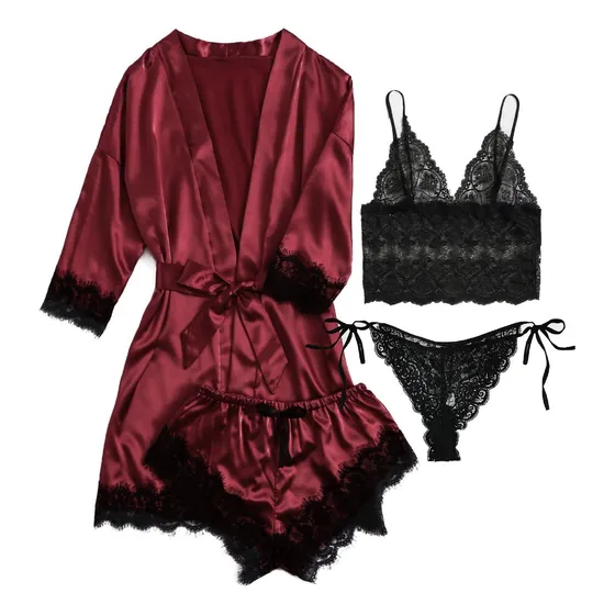 Conjunto De Pijama Encaje Mujer Sexy De Seda Satén (4 Pieza)